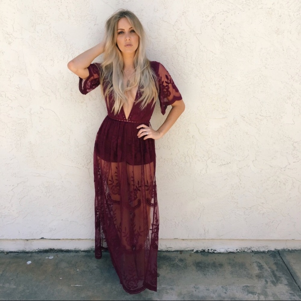 Wild Honey Lace Maxi Dress in Wine.